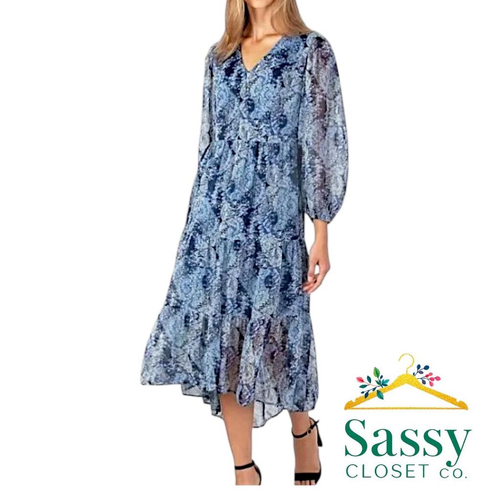 ✨ JOIE NWT Parisian Paisley High-Low Maxi Dress L Long Sleeve Smocked Blue 🦋